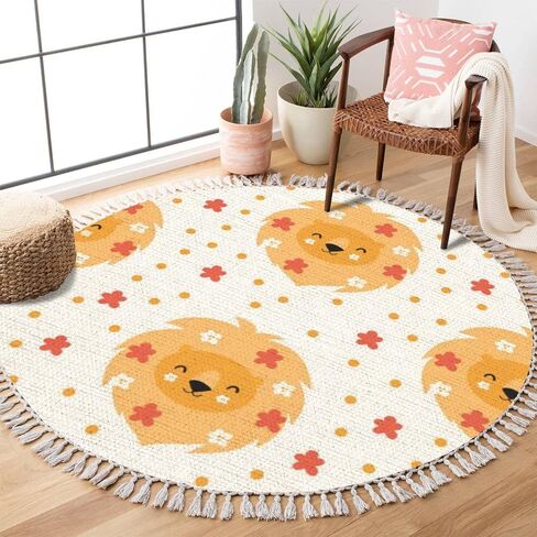Round Boho Area Rug cute animals lion cub leopard giraffe elephant koala white Carpet with Tassels Washable Hallway Floor Mat Runner Rugs for Bedroom Bathroom Playroom Nursery Decor 3 ft in Saudi Arabia