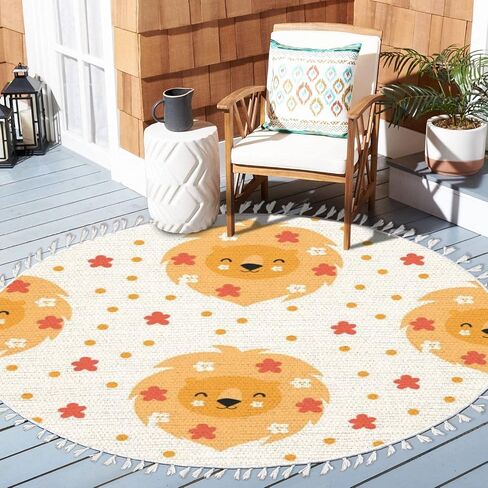 Round Boho Area Rug cute animals lion cub leopard giraffe elephant koala white Carpet with Tassels Washable Hallway Floor Mat Runner Rugs for Bedroom Bathroom Playroom Nursery Decor 3 ft in Saudi Arabia