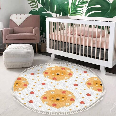 Round Boho Area Rug cute animals lion cub leopard giraffe elephant koala white Carpet with Tassels Washable Hallway Floor Mat Runner Rugs for Bedroom Bathroom Playroom Nursery Decor 3 ft in Saudi Arabia