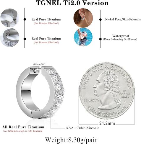 TGNEL CZ أقراط من التيتانيوم النقي الحقيقي | أقراط دائرية مكتنزة خفيفة الوزن خالية من النيكل للأذنين الحساسة للرجال والنساء in Kuwait