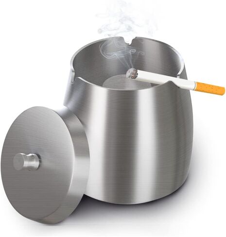 Outdoor Ashtray With Lid For Cigarettes And Cigar Smokers Windproof Rainproof Spill Proof Smokeless Ashtray For Indoor Outside Patio ( Large), Silver in Saudi Arabia