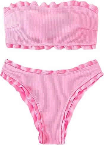 GORGLITTER Women's Strapless Bikini Set High Cut Thong Lettuce Trim Bandeau Swimsuit in Saudi Arabia