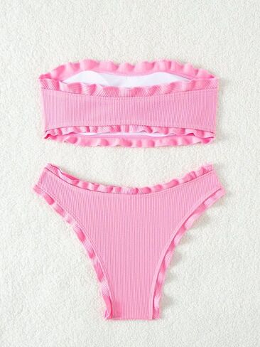 GORGLITTER Women's Strapless Bikini Set High Cut Thong Lettuce Trim Bandeau Swimsuit in Saudi Arabia