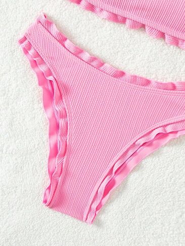 GORGLITTER Women's Strapless Bikini Set High Cut Thong Lettuce Trim Bandeau Swimsuit in Saudi Arabia
