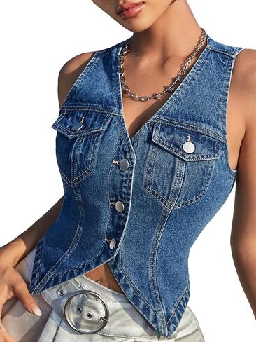 GORGLITTER Women's Y2K Denim Vest Sleeveless V Neck Denim Top Button Down Vest Jacket in Saudi Arabia