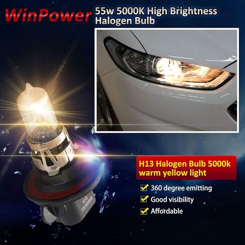مصباح أمامي هالوجين عالي السطوع H13 من وين باور 60 وات 55 وات 5500 كلفن، عبوة من قطعتين in Kuwait