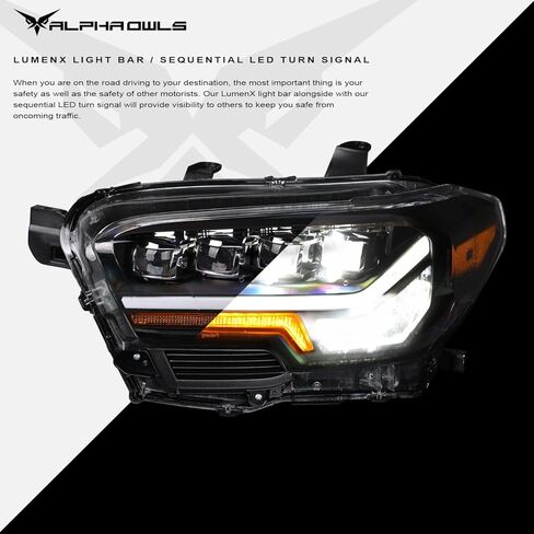 مصابيح أمامية لجهاز العرض LED بالكامل من سلسلة Alpha Owls 7162969 Quad-Pro مع شريط إضاءة LED أبيض وإشارة تسلسلية - كهرماني أسود يناسب 2016-2022 Toyota Tacoma LED DRL غير المصنع (أضواء الجري النهارية) in Kuwait