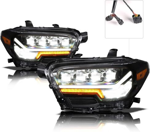 مصابيح أمامية لجهاز العرض LED بالكامل من سلسلة Alpha Owls 7162969 Quad-Pro مع شريط إضاءة LED أبيض وإشارة تسلسلية - كهرماني أسود يناسب 2016-2022 Toyota Tacoma LED DRL غير المصنع (أضواء الجري النهارية) in Kuwait