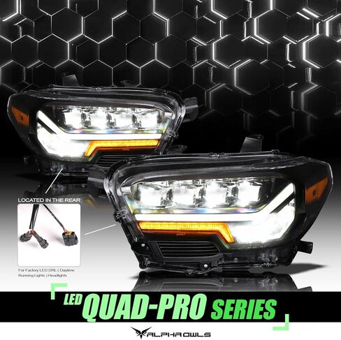 مصابيح أمامية لجهاز العرض LED بالكامل من سلسلة Alpha Owls 7162969 Quad-Pro مع شريط إضاءة LED أبيض وإشارة تسلسلية - كهرماني أسود يناسب 2016-2022 Toyota Tacoma LED DRL غير المصنع (أضواء الجري النهارية) in Kuwait
