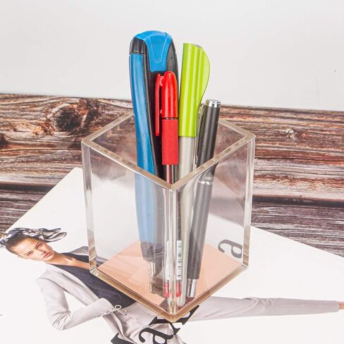 حامل أقلام من الأكريليك على شكل كوب/سطح المكتب، منظم تخزين فرش المكياج، صندوق علبة لطاولة المكتب، اللوازم المدرسية المكتبية، غرفة النوم المنزلية - قاعدة ذهبية وردية in Kuwait