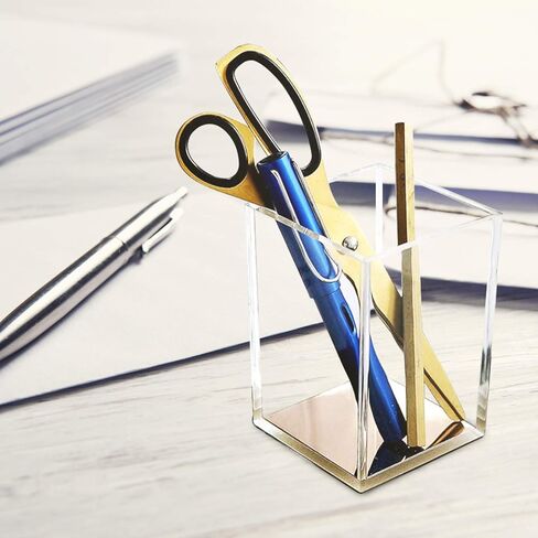 حامل أقلام من الأكريليك على شكل كوب/سطح المكتب، منظم تخزين فرش المكياج، صندوق علبة لطاولة المكتب، اللوازم المدرسية المكتبية، غرفة النوم المنزلية - قاعدة ذهبية وردية in Kuwait