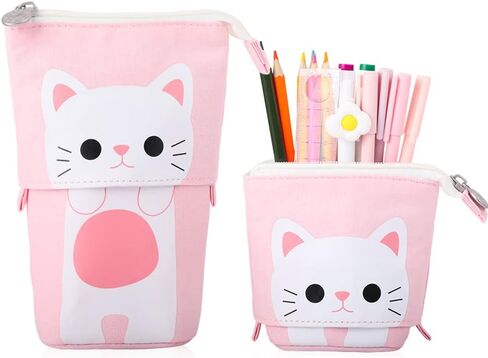 iSuperb Transformer Stand Cute Cat Telescopic Pencil Pouch/Case with Zipper Canvas+PU Cartoon Pencil Bag Stationery Box for Kids Girls Boys School Supplies 7.5 x 4.9 x 3.0inch/4.1x 3.0inch in Saudi Arabia