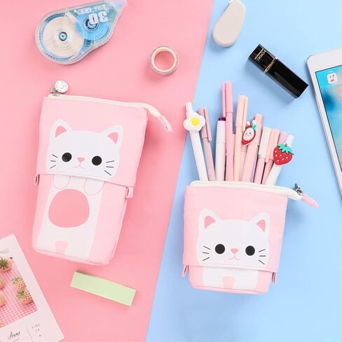 iSuperb Transformer Stand Cute Cat Telescopic Pencil Pouch/Case with Zipper Canvas+PU Cartoon Pencil Bag Stationery Box for Kids Girls Boys School Supplies 7.5 x 4.9 x 3.0inch/4.1x 3.0inch in Saudi Arabia