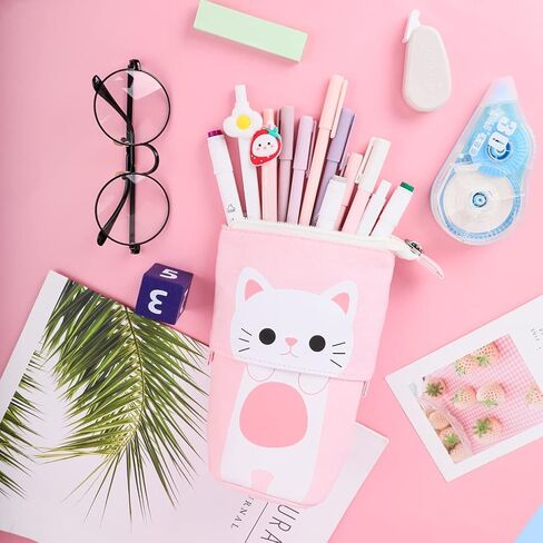 iSuperb Transformer Stand Cute Cat Telescopic Pencil Pouch/Case with Zipper Canvas+PU Cartoon Pencil Bag Stationery Box for Kids Girls Boys School Supplies 7.5 x 4.9 x 3.0inch/4.1x 3.0inch in Saudi Arabia
