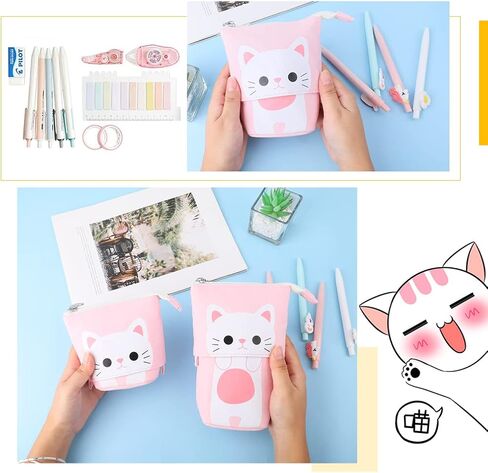 iSuperb Transformer Stand Cute Cat Telescopic Pencil Pouch/Case with Zipper Canvas+PU Cartoon Pencil Bag Stationery Box for Kids Girls Boys School Supplies 7.5 x 4.9 x 3.0inch/4.1x 3.0inch in Saudi Arabia
