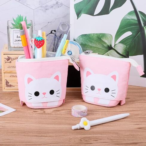 iSuperb Transformer Stand Cute Cat Telescopic Pencil Pouch/Case with Zipper Canvas+PU Cartoon Pencil Bag Stationery Box for Kids Girls Boys School Supplies 7.5 x 4.9 x 3.0inch/4.1x 3.0inch in Saudi Arabia