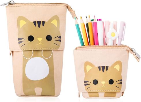 iSuperb Transformer Stand Cute Cat Telescopic Pencil Pouch/Case with Zipper Canvas+PU Cartoon Pencil Bag Stationery Box for Kids Girls Boys School Supplies 7.5 x 4.9 x 3.0inch/4.1x 3.0inch in Saudi Arabia