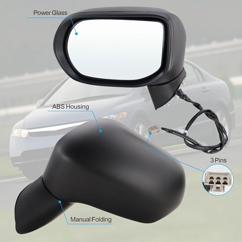 Left Driver Side Mirror For 2006 2007 2008 2009 2010 2011 HONDA CIVIC with Power Mirror Manual Folding Non-Heated Match to Black Replace#76250SNEA01 HO1320221(3 Pins) in Saudi Arabia