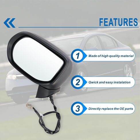 Left Driver Side Mirror For 2006 2007 2008 2009 2010 2011 HONDA CIVIC with Power Mirror Manual Folding Non-Heated Match to Black Replace#76250SNEA01 HO1320221(3 Pins) in Saudi Arabia