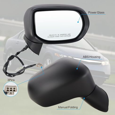 Left Driver Side Mirror For 2006 2007 2008 2009 2010 2011 HONDA CIVIC with Power Mirror Manual Folding Non-Heated Match to Black Replace#76250SNEA01 HO1320221(3 Pins) in Saudi Arabia