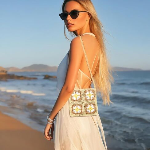 حقيبة شاطئ من القش للنساء - حقيبة كتف منسوجة يدويًا، حقيبة يد هوبو لعطلات الشاطئ in Kuwait