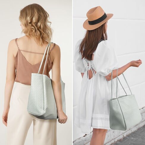 Large Woven Tote Bag for Women, Shoulder Bag Purse Black Tote Bag Soft Vegan Leather Hobo Handbag Beach Tote in Kuwait