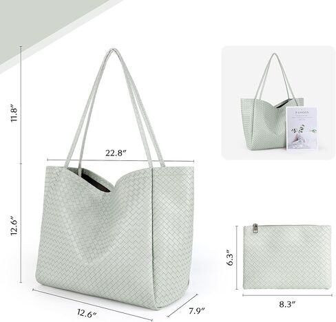 Large Woven Tote Bag for Women, Shoulder Bag Purse Black Tote Bag Soft Vegan Leather Hobo Handbag Beach Tote in Kuwait