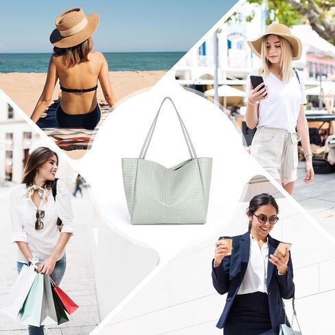 Large Woven Tote Bag for Women, Shoulder Bag Purse Black Tote Bag Soft Vegan Leather Hobo Handbag Beach Tote in Kuwait