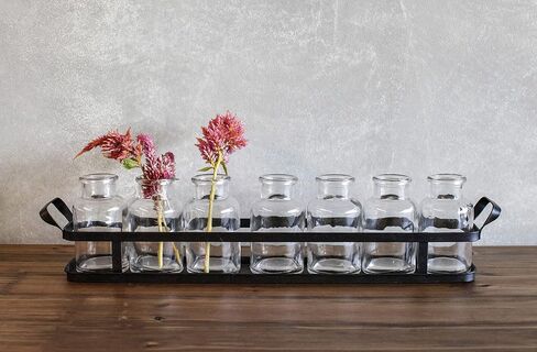 Creative Co-Op 7 Glass Bottles on Rectangle Metal Tray with Handles (Set of 8 Pieces) in Saudi Arabia