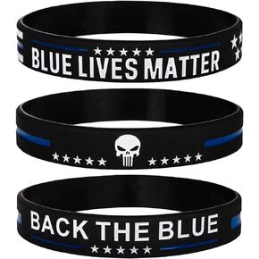 Blue Lives Matter Thin Blue Line American Flag Bracelets with Skull - Back The Blue Police Silicone Rubber Wristband Band Set - Support Law Enforcement Gifts for Police Cops, Men Women