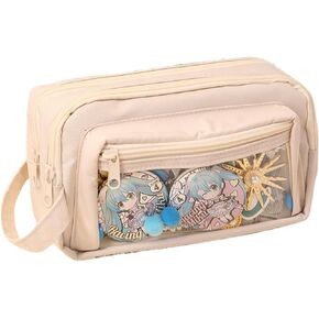 ITA Pencil Pouch Anime Display Pen Case Stationery Bag with Clear Insert & Stickers for Teens College Students (Black)