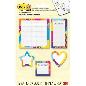 Post-it Notes Planner Sticky Notes, to Do List, Mini List, Short List and Shapes, 5 Pads, 30 Sheets/Pad, Optimistic Brights