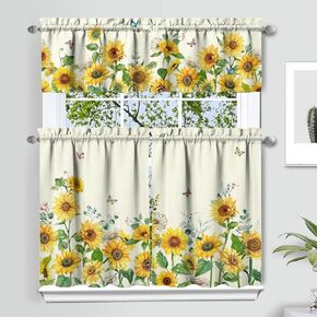 Sunflower Kitchen Valance Three Piece Set, Floral Rustic Farmhouse Kitchen Decor for Home Interior Decor, Spring Summer Kitchen Curtains and Valance Set Short Curtain Sink Window Decor 36 Inch
