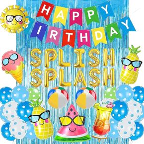 45pcs Splish Splash Birthday Decorations Pool Birthday Party Decorations Foil Latex Balloons Summer Happy Birthday Banner for Kids Summer Pool Beach Birthday Party Hawaiian Tropical Party Favors