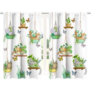 Kitchen Curtains Cat, Hanging Potted Plants Window Curtains Set Bracketplant Kitty Farmhouse Short Tier Curtain for Kitchen Small Window Treatment Sage Cafe Short Curtains Decor Bathroom Curtain