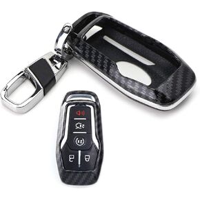 iJDMTOY Exact Fit Black Glossy Carbon Fiber Pattern Key Fob Shell w/Keychain Compatible with Ford or Lincoln 4/5-Button Intelligent Access Key