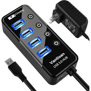 Powered USB 3.0 Hub - USB Hub Splitter with 4 USB 3.0 Data Ports + 1 Smart Charging Port, Individual ON/Off Switches, 5V/3A Powered Adapter, and USB Extension