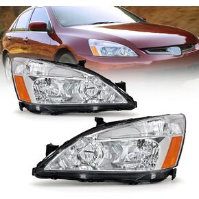AS For 2003-2007 Honda Accord Headlight Assembly Compatible with 2003 2004 2005 2006 2007 Accord Headlamp Replacement Chrome Housing Amber Reflector Pair