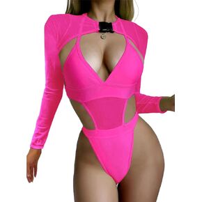 Rave Outfits for Women - Sexy Neon EDC Festival Bodysuit Buckle Crop Top Club Party Mesh Cutout Swimsuit 2Pcs Set