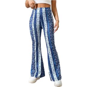 Floerns Women's Floral Print Elastic Waist Flare Leg Pants
