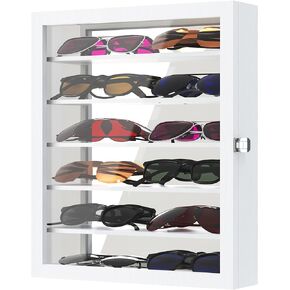 منظم نظارات شمسية مثبت على الحائط، حافظة عرض النظارات، حامل نظارات من خشب الصنوبر مع مرآة سفلية، صندوق نظارات تخزين كبير مع 6 أرفف قابلة للإزالة، حماية ضد الغبار، أبيض in Kuwait
