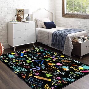 Space stars rocket hand drawn cartoon style Area Rugs for Playroom Classroom Bedroom Entryway Runner Rug Educational Learning Rugs Carpet for Boy's and Girl's Room Easy to Clean 4' x 6'
