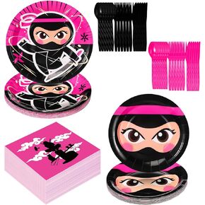 Gejoy 96 Pcs Ninja Birthday Party Supplies Decorations Tableware Kit Include Plates Knives Forks Spoons Napkins for Boy Girls Birthday Party Favors Serve 24 Guests(Boy Style)