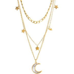 Layered Gold Necklace for Women, 14k Gold Plated, Trendy Natural Stone Moon Star Pendant Choker Necklace for Girls