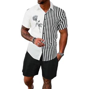 WDIRARA Men's 2 Piece Floral Print Outfits Striped Short Sleeve Button Shirt and Shorts Set