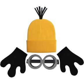 TANTAKO 3Pcs Adults Halloween Costume Accessories With Yellow Knit Beanie, Three-fingered Gloves and Steampunk Goggles