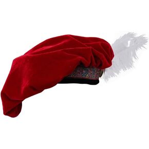 Medieval Tudor Hat with Feather Velvet Renaissance Muffin Hat Tudor Flat Cap Minstrel Costume Elizabethan Hat Men