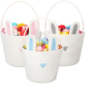 3 Pack Easter Baskets for Kids Easter Eggs Basket Bunny Basket with Rabbit Ears Toy Baskets Woven Easter Basket Cotton Rope Storage Basket for Gift Toys Boys Girls(Multicolor)