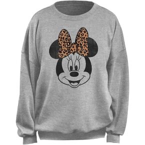 Disney Women's Junior's Modern Minnie Face Leopard Oversized Fleece, Heather Grey, X-Large