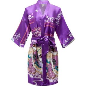 Women's Short Floral Robes Satin Kimono Bathrobe Silky Bride Bridesmaid Robe Soft Sleepwear